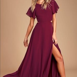 LULU’S Garden Bliss Burgundy Cut-Out Maxi Dress, Flutter Sleeves, Size Medium